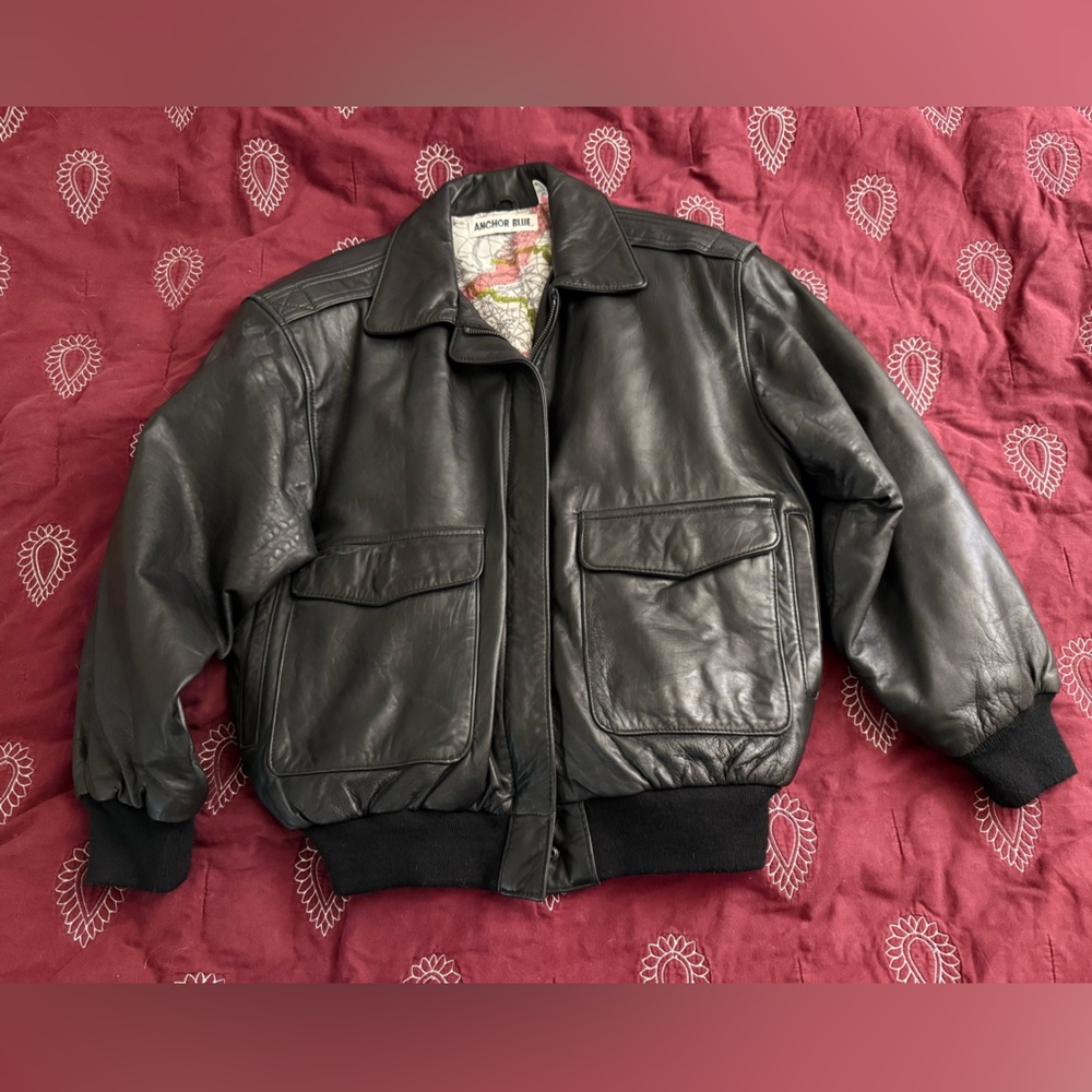 SOLD*** Vintage Anchor Blue, black leather bomber jacket